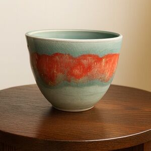 Artistic HandmadeStudio Pottery Bowl-Red & Green Crackle Glaze-Signed-5”x4”